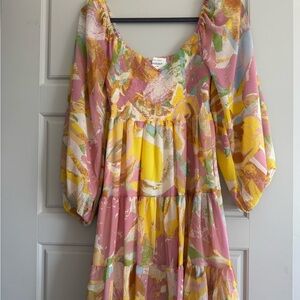 bohme Pink, Yellow & Green Abstract Tiered Smocked Midi Dress
